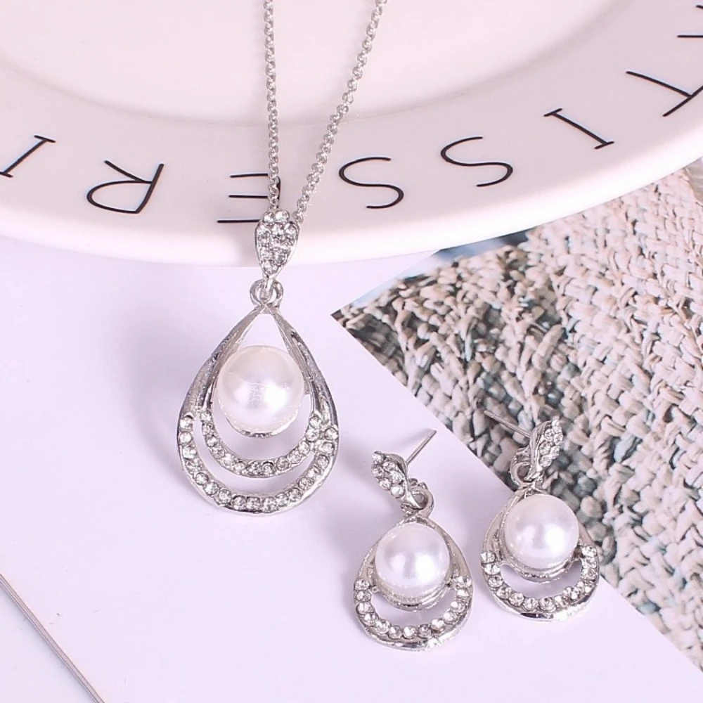 Trendy Imitation Pearl Jewelry Sets for Women Party Silver Color Rhinestones Water Droplet Pendant Necklace Dangle Earrings Gift