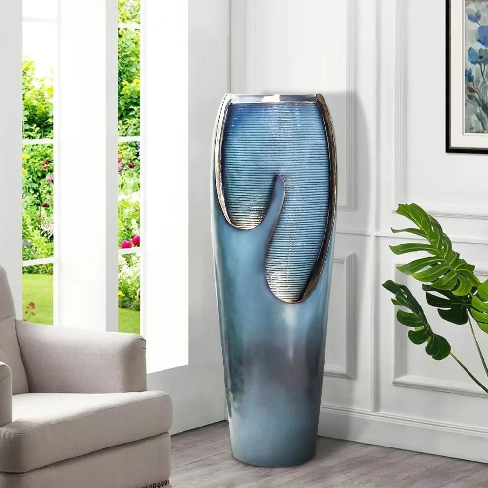 

38.7”Tall Outdoor Water Fountains and Waterfalls - Indoor Water Urn Fountain, Modern Floor Standing Water Fountains with LED Li
