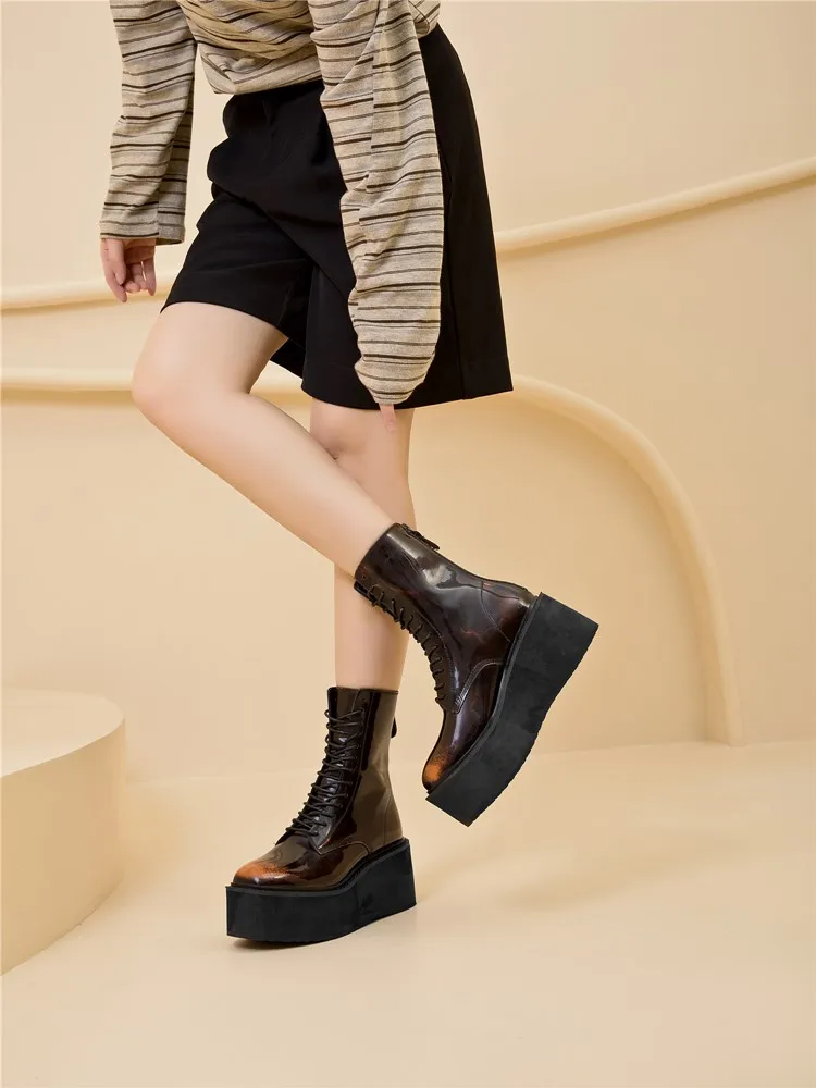 Damen-Stiefeletten und -Boots mit rutschfester, dicker Sohle für Herbst und Winter, Retro-Stiefel mit Erhöhung, Motorradstiefel für Damen – Detail 21