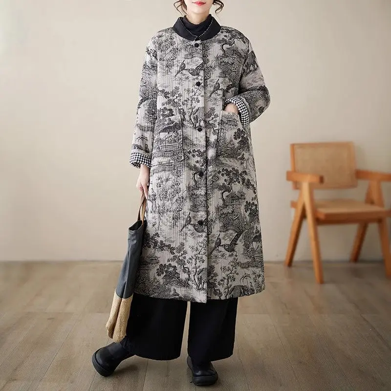 Chinese Ink Print Retro Warm Thick Coat For Women Oversized Loose Pockets Fashionable Quilted Jacket Retro Cotton Clothes Z3703