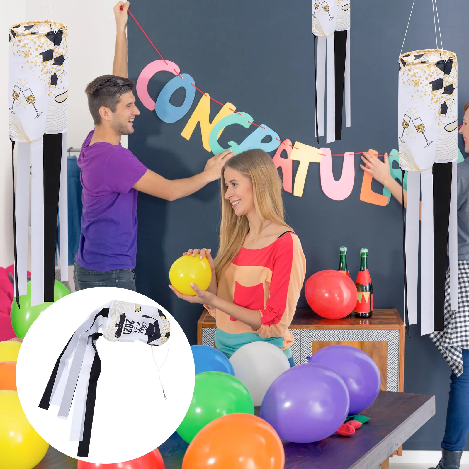 

1Pcs Graduation Season Windsock Polyester Outdoor Hanging Wind Flag Colorful Graduation Pattern Decoration Flag Windsock