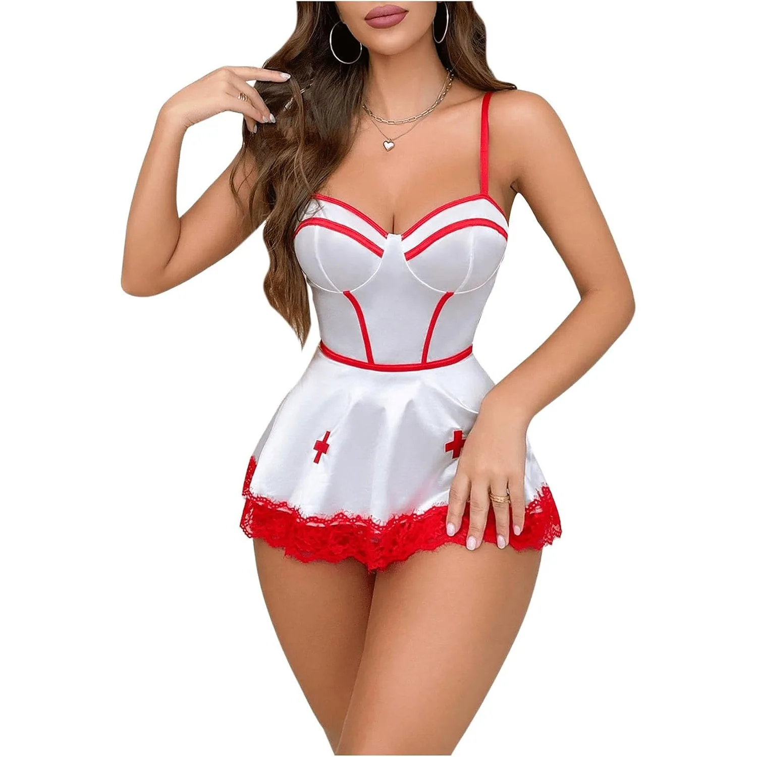 Chic Themed Party Mini Dress With Red Trim And Lace Hem Stylish Sleeveless Suspender Costume For Evening Role‑play Occasions