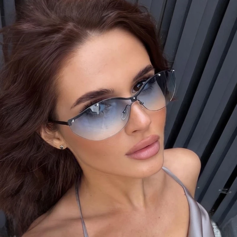SGGOART Y2K Metal Cat Eye Sunglasses Women Fashion Rimless Pink Blue Gradient Shades UV400 Men Trending Outdoor Sun Glasses