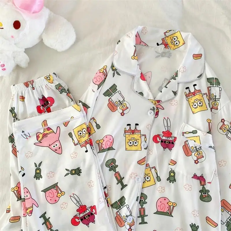 

Губка Боб Квадратные Штаны Пижамы Брюки с длинными рукавами Милая домашняя одежда с героями мультфильмов для весенне-осенних студентов Комплект из двух предметов Подарок для девочек