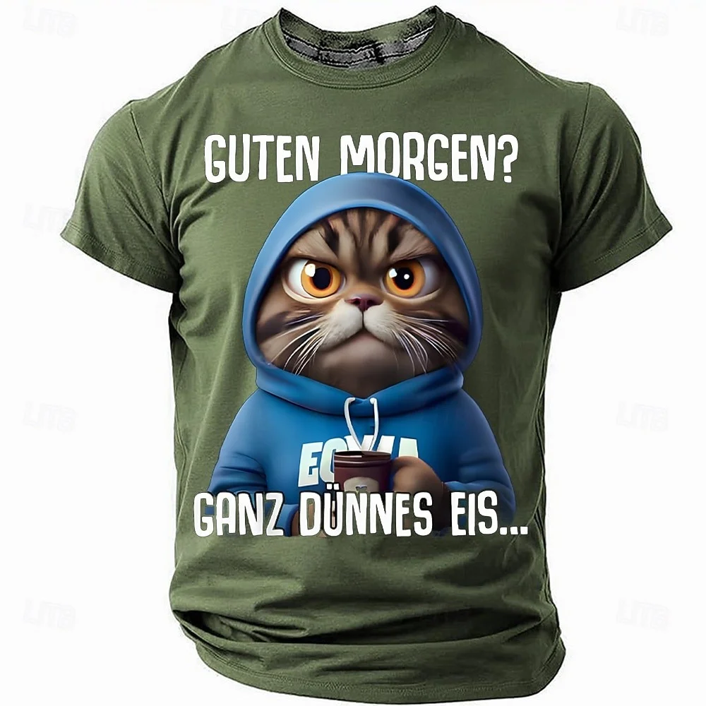 Men's Funny German Cat T-shirt Guten Morgen Ganz Dünnes Eis Graphic Print Short Sleeve Tee Casual Humor Top For Cat Lovers