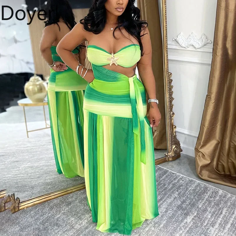 

Doyerl Gradient Print Festival Outfit Women Two Piece Set Holiday Beach Wear Strapless Crop Top and Long Skirt Matching Sets Y2K