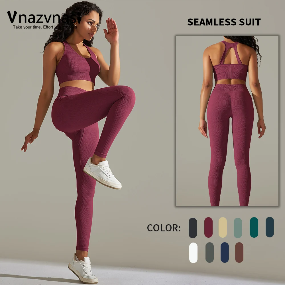 

Vnazvnasi 2 Pcs Seamless Sports Sets Yoga Kit for Fitness Push Up Tights Ribbed Suit for Women Workout Clothes Sportswear Gym