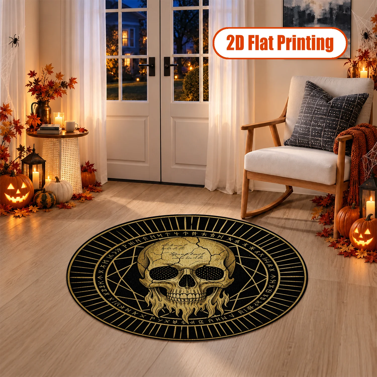 Golden Skull Rune Occult Pattern Round Velvet Area Rug, Machine Washable, Suitable for Living Room, Bedroom, Entryway, Perfect for Halloween, Thanksgiving, Black Friday, Christmas, New Year Home Decor