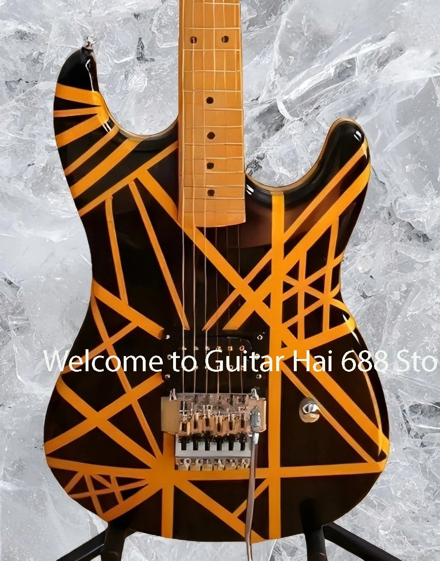 

Электрогитара Hot Eddie, желтые полосы, черный цвет, FloydRose, вибрато на бридже, бежевая гриф и накладка на гриф, редкая модель.