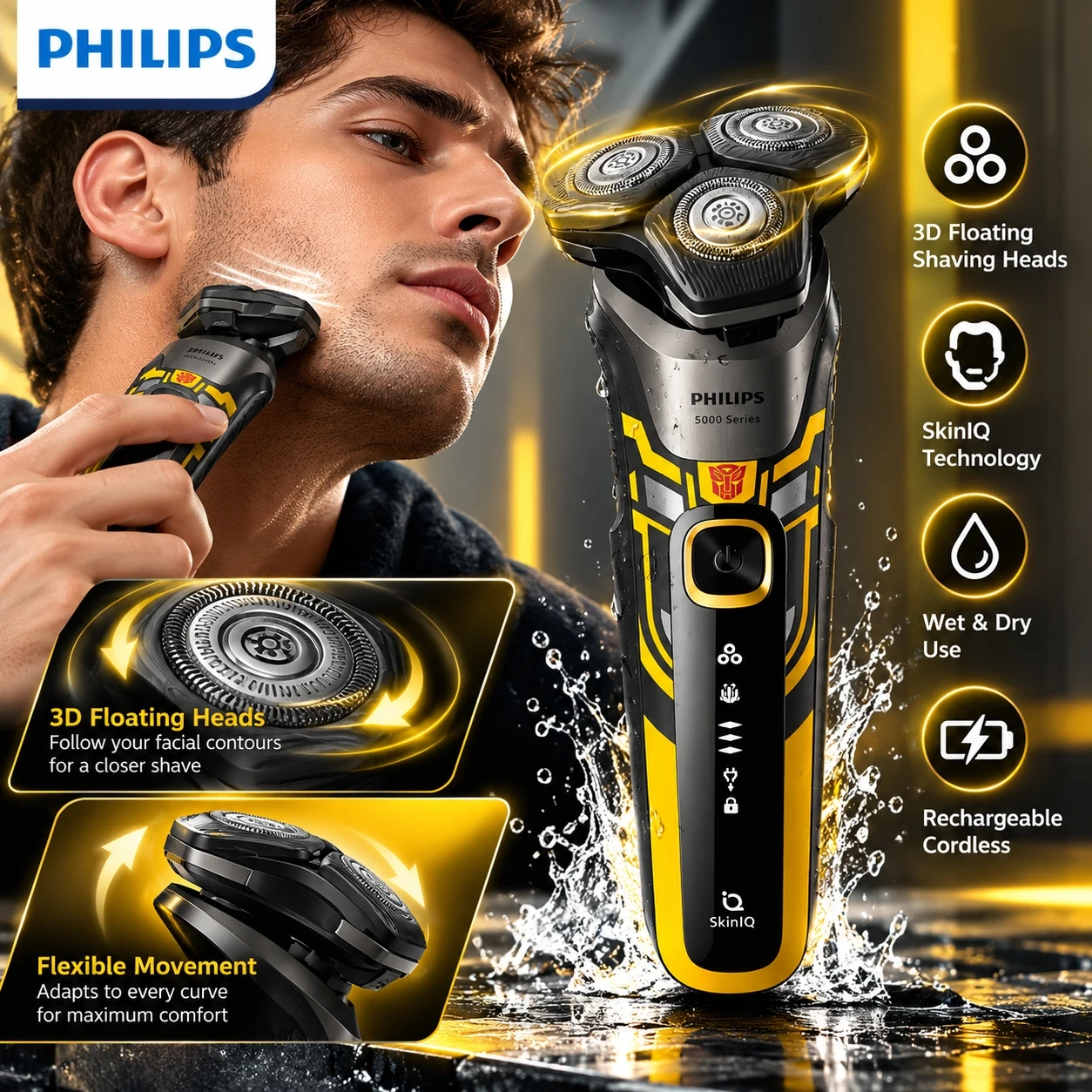 Philips 5000 Series Electric Shaver for Men SkinIQ 3 Head Rotary Razor Wet Dry Rechargeable Cordless Beard Shaving Machine