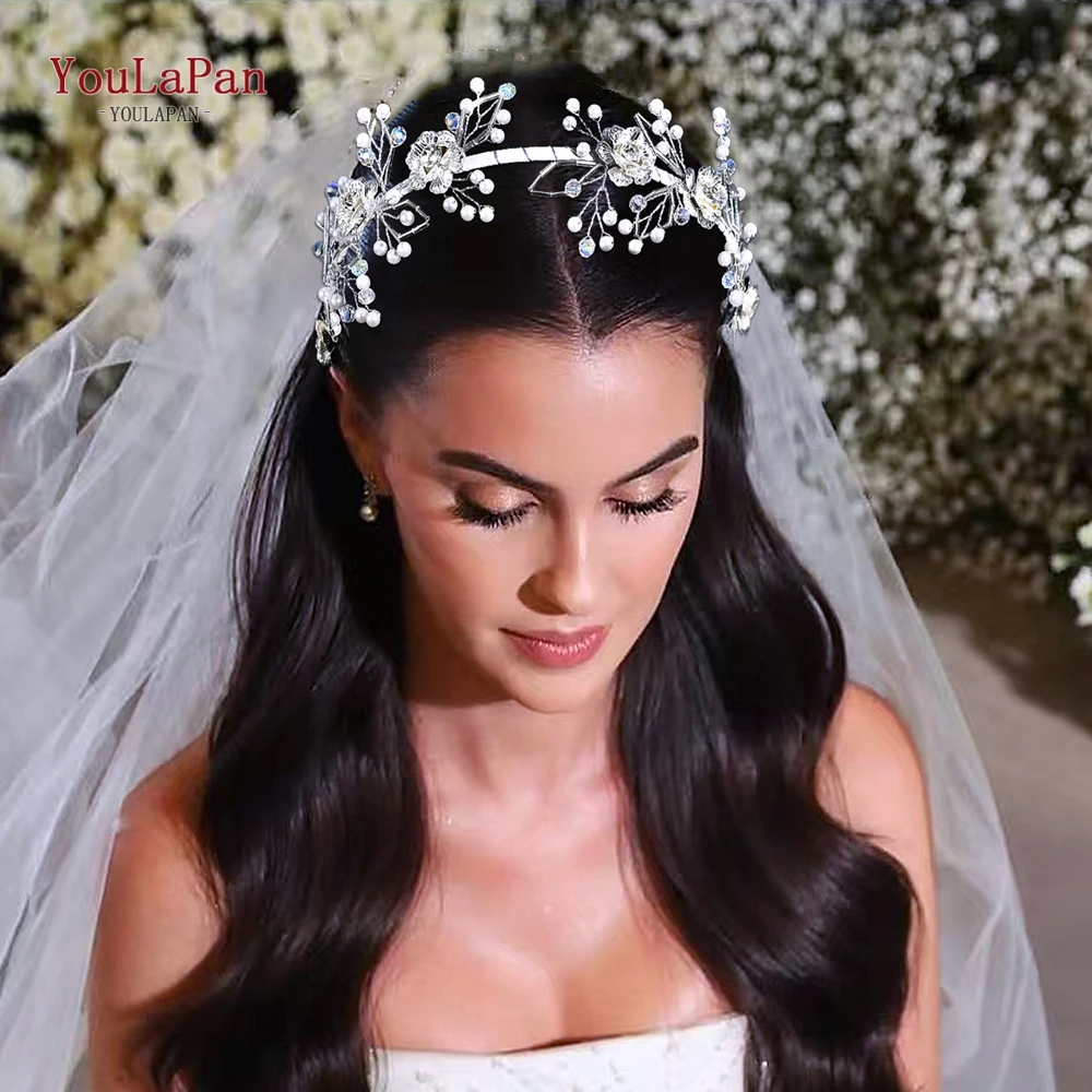 

YouLaPan Элегантный обруч для волос с жемчугом и кристаллами, серебристый, из сплава, с цветами, женская повязка на голову, аксессуары для волос, свадебный головной убор HP872