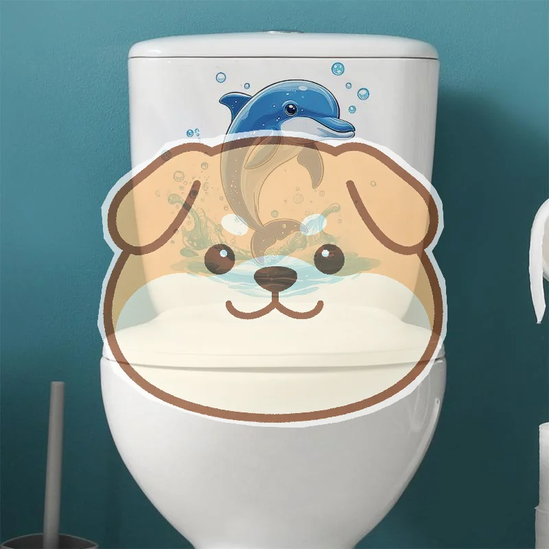 Cute Cartoon Blue Dolphin Toilet Lid Sticker Waterproof Self Adhesive Fits Most Standard Toilets for Home Bathroom