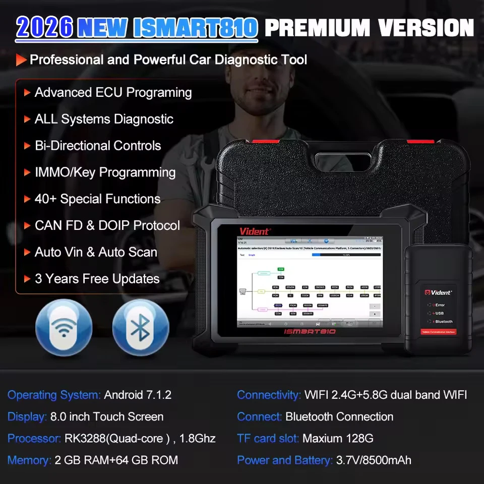 VIDENT ISmart810 Car Diagnostic Tool Topology Map Scanner Bidirectional Scan Tool ECU Coding Key Programming 40 Resets