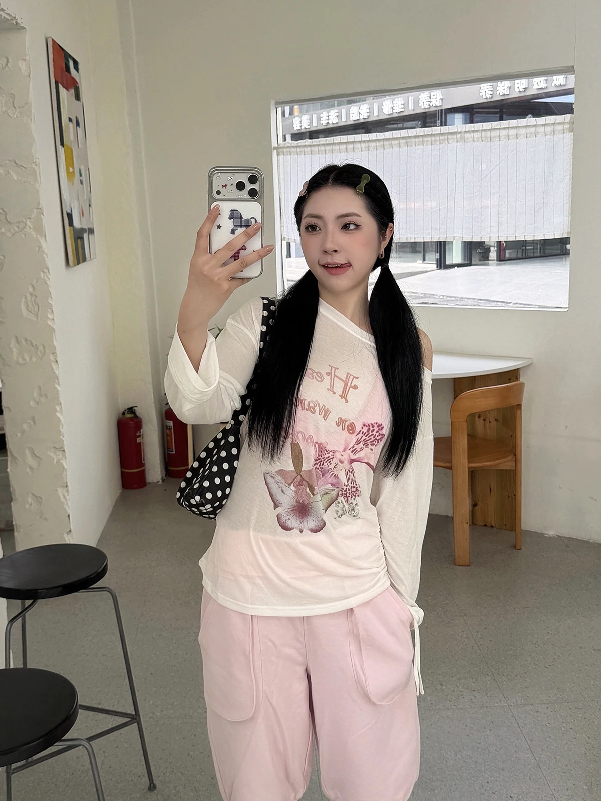 Sakura Lazy Versatile Korean Style Print Diagonal Shoulder Sun Protection Long Sleeve T-Shirt Women Skin-friendly Breathable Top