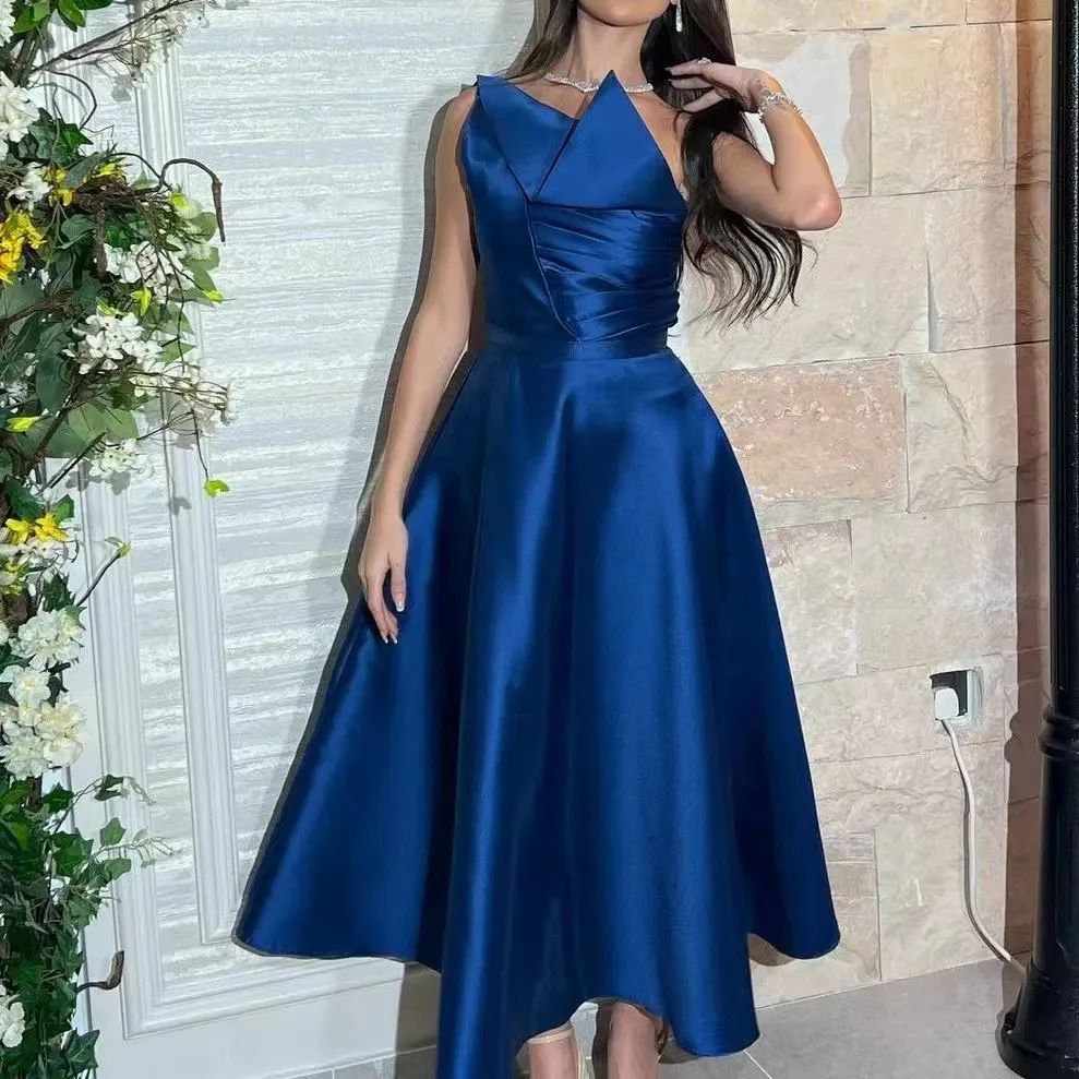 Fashionvane One Shoulder Prom Dresses Asymmetrical Ruched Zipper Back Homecoming Party Girls' Wear Short A Line Satin Vestidos