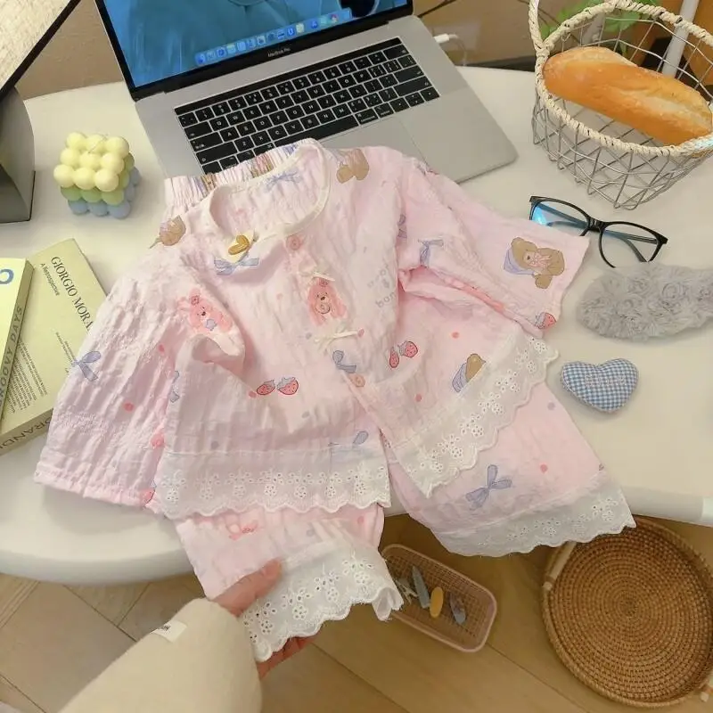 Children's Spring/summer New Girl's Time Cotton Home Clothes Set Sweet Lace Pajama Two Piece Set