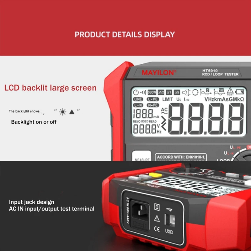 MAYILON HT5910 Digital Resistance Meter Leakage Switch Tester 4.7 Inch LCD RCD/Loop Tester 1000 Data Storage Voltmeter