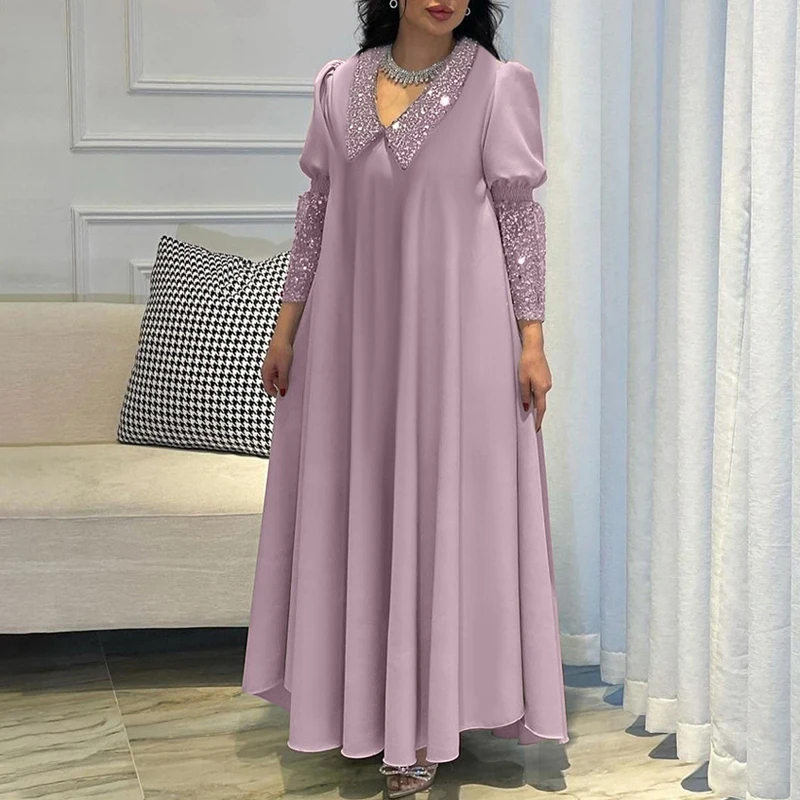 Ethnic Sequins V Neck Muslim Women Dresses New Spring Pure Loose Party Long Dress Robe Vintage Femme Lantern Sleeve Autumn Dress