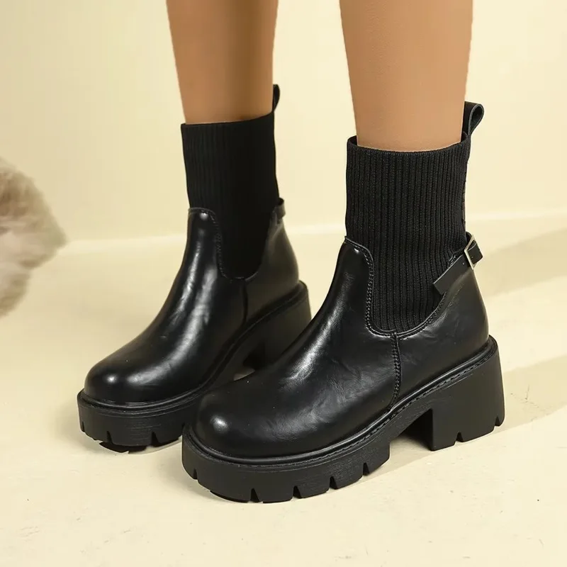 

Women's Fashion Boots Leather and Cloth Combination Middle Follow Fang Hei Ankle Boots for Women Waterproof Platform Shoes High