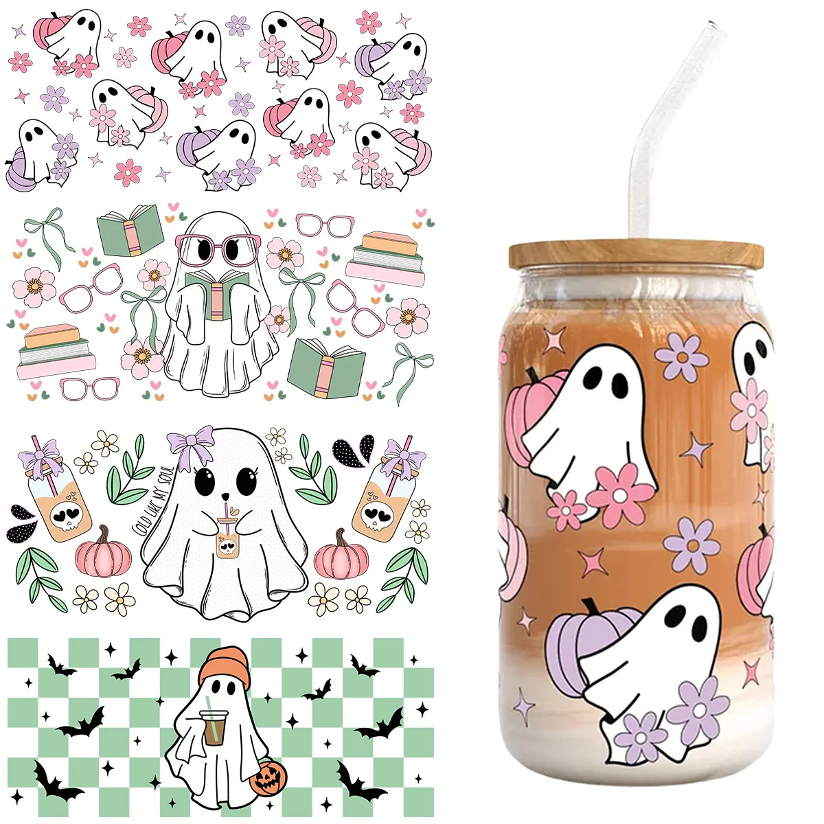 4pcs Cute Ghost Pumpkin Skull Halloween DIY UV DTF Rub On Transfer Sticker For 16oz Libbey Glass Cups Can Wraps Party Home Decor