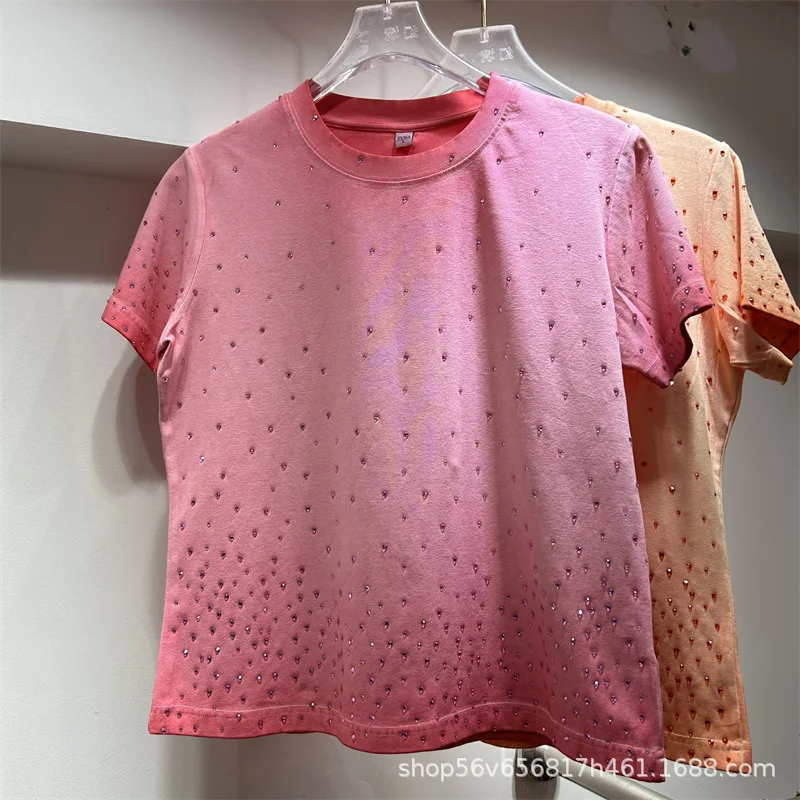 Chic Gradient Color Diamonds Beaded T-shirts Spring Summer Rhinestones Hot Drilling Tees Short Sleeve O-Neck Jumpers Crop Tops
