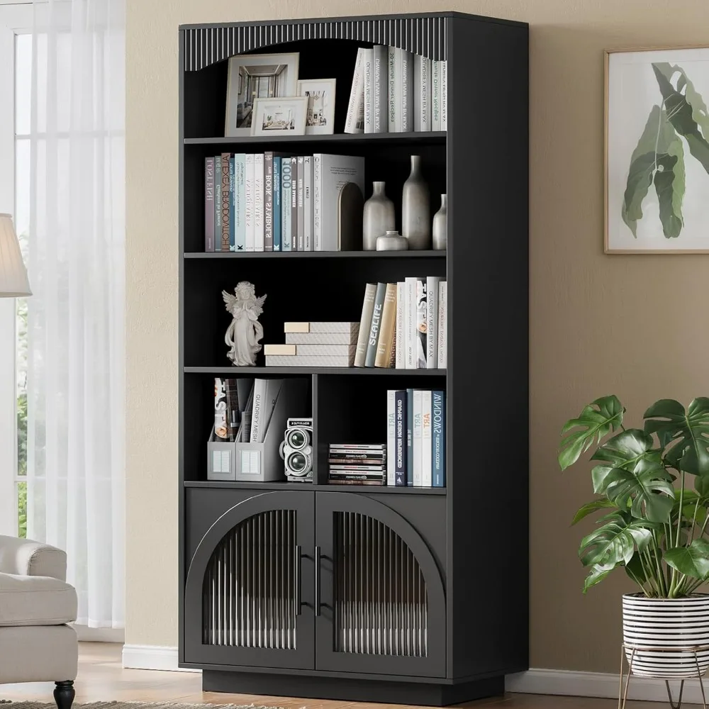 

70" Bookshelf and Bookcase, Black Tall Bookcase with Glass Door, 5 Tier Mid-Century Book Shelves w/ Deep Storage Cabinet and A