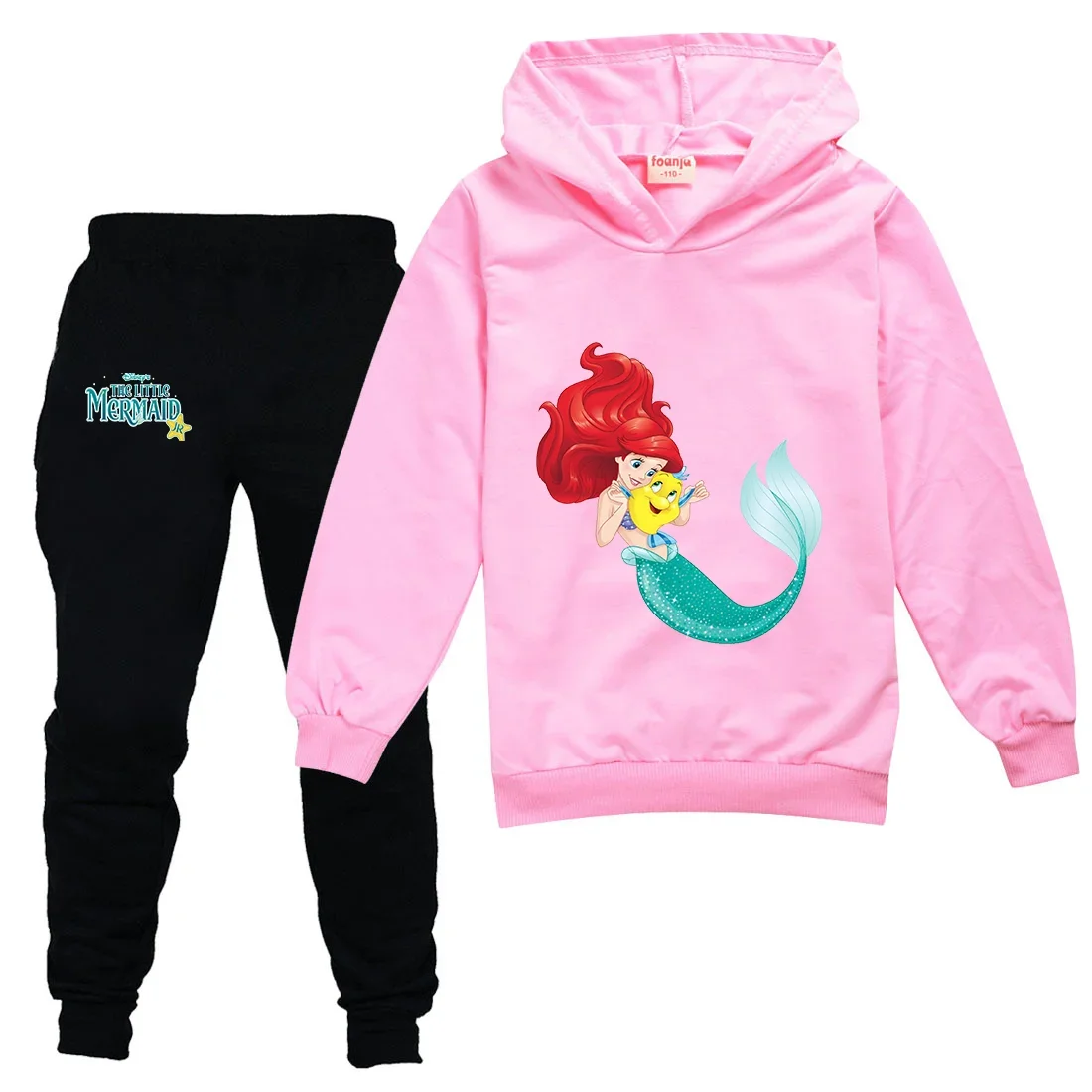 The Little Mermaid Kids Sportswear Suits Girls Casual Hoodie Black Pants Suit Teen Children Outerwear Kid Clothing Baby Sets