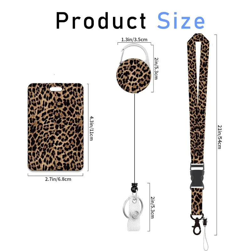 Women Brown Leopard Print Vertical Push Card Case Retractable Keychain Lanyard Set with Zinc Alloy Clip ID Badge Reel Holder