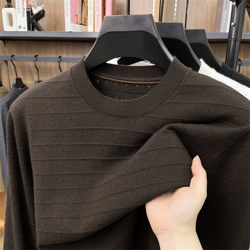 Round Neck Knitted Sweater for Men, Light Mature Style, Hollowed Out Breathable Sweater, Fashionable Trend