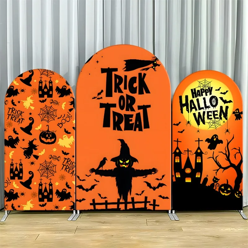 

Arch Backdrop Cover Single Side Halloween Orange Trick Treat Scarecrow Spooky Party Decoration Photo Booth Background Event Room