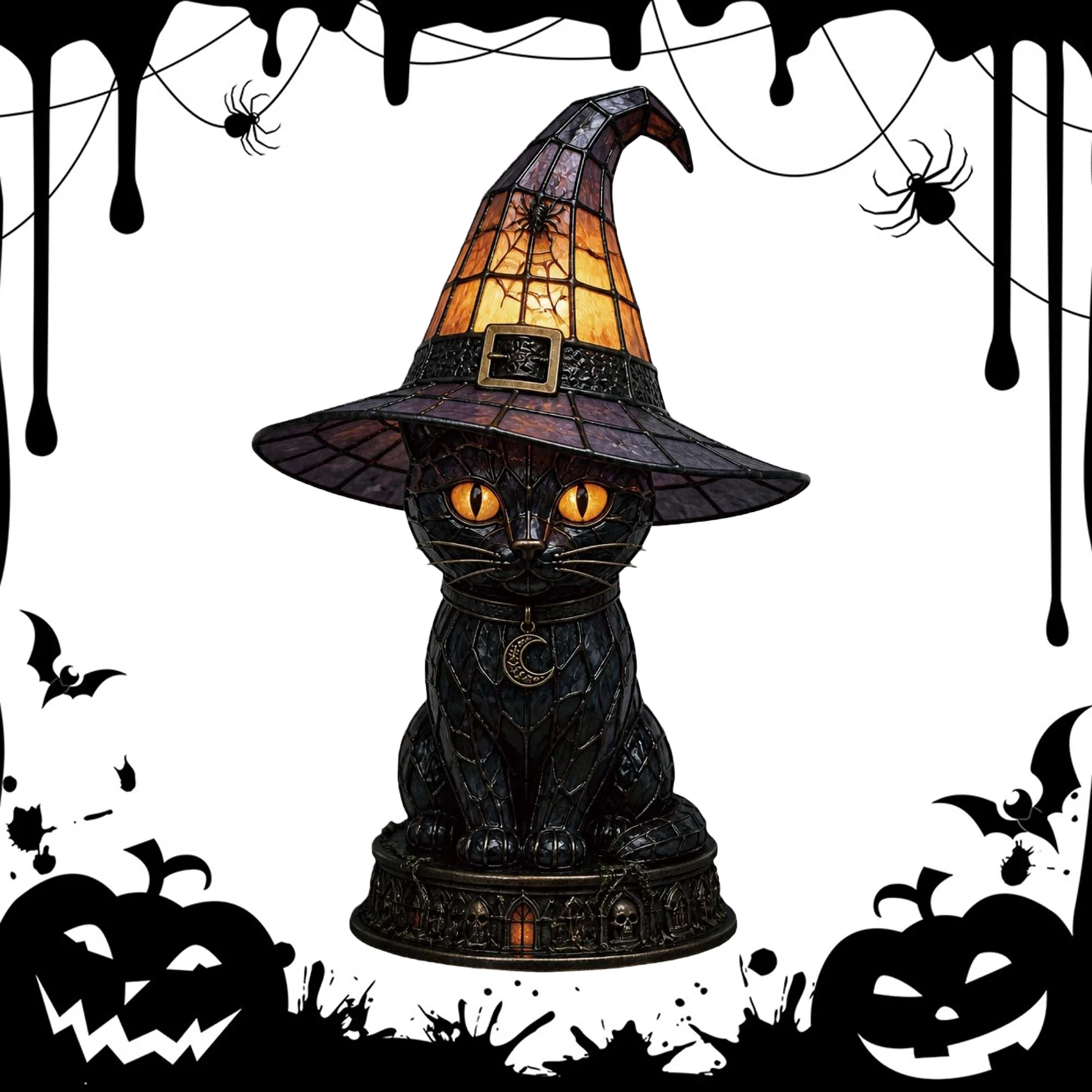 Resin Stained Glass Pumpkin Table Lamp Vintage Style Witch Hat Pumpkin Figurine USB Powered Mini Spooky Halloweens Ornament