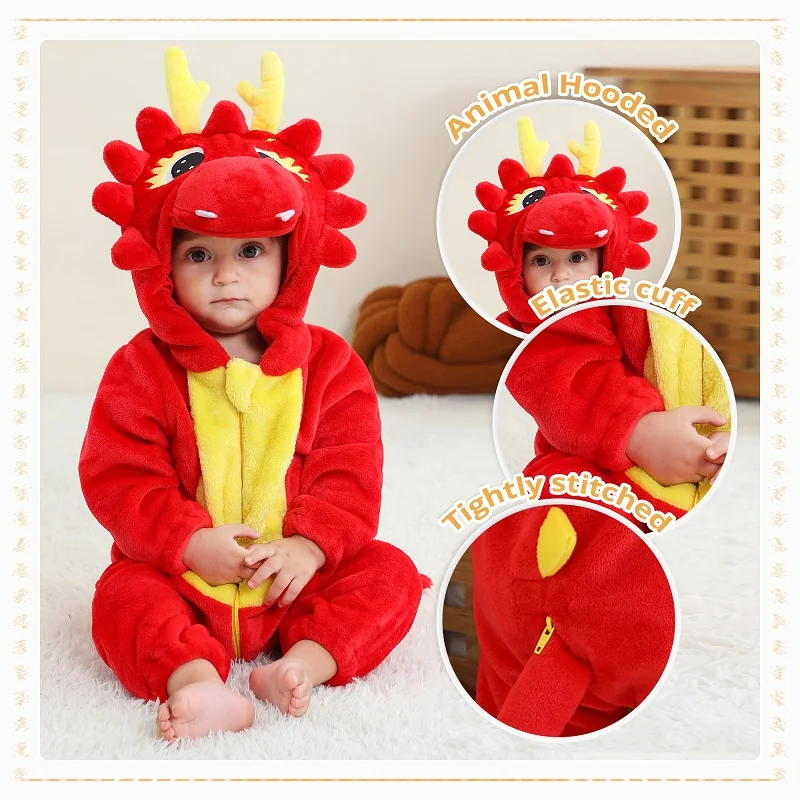 MICHLEY NEW Halloween Red Dragon Baby Rompers Winter Costume Clothes Cartoon Jumpsuit Bodysuits Overall For Girl Boy Bebe 2-36M