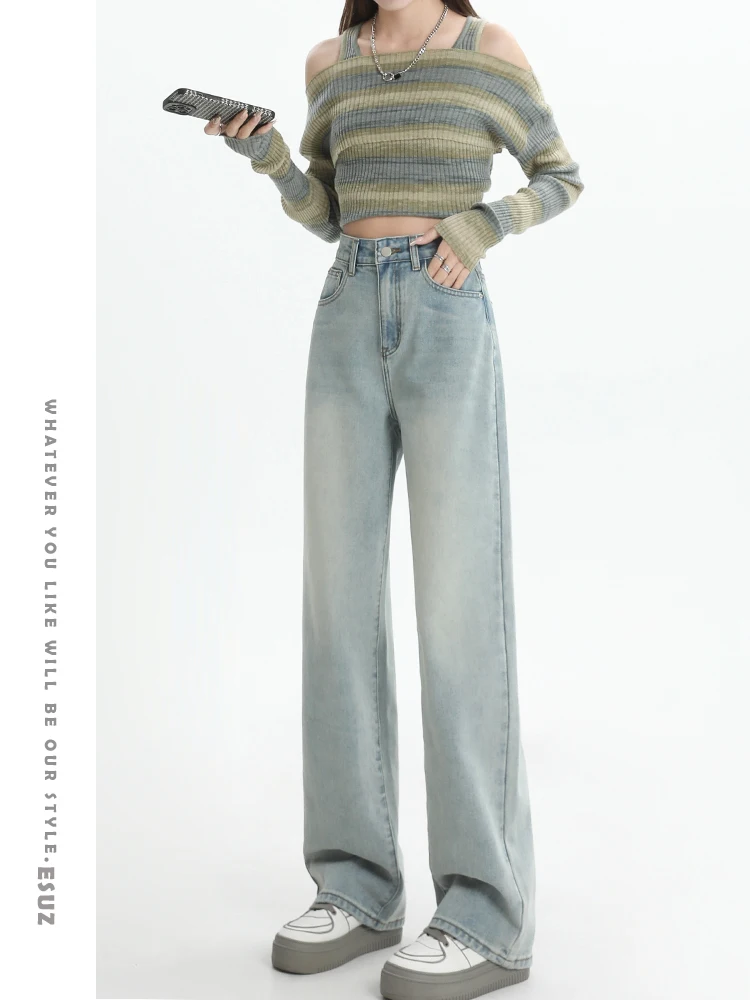 بنطلون جينز نسائي عالي الخصر وواسع الساق من قماش الدنيم فضفاض ومطبوع للتخسيس بقصة مستقيمة بطول الكاحل وصل حديثًا لربيع وصيف