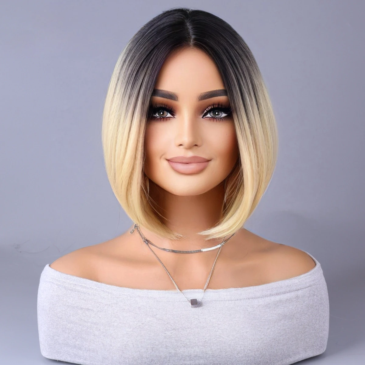 

Mid-split platinum shoulder-length Bob short straight women Synthetic wigs for daily party