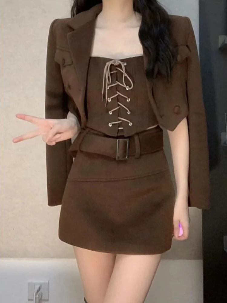 Korean Fashion 3 Piece Set Casual Vintage Suit Short Coat + Slim Vest + Bodycon Y2k Mini Skirt Solid Party Clothing 2023 Autumn