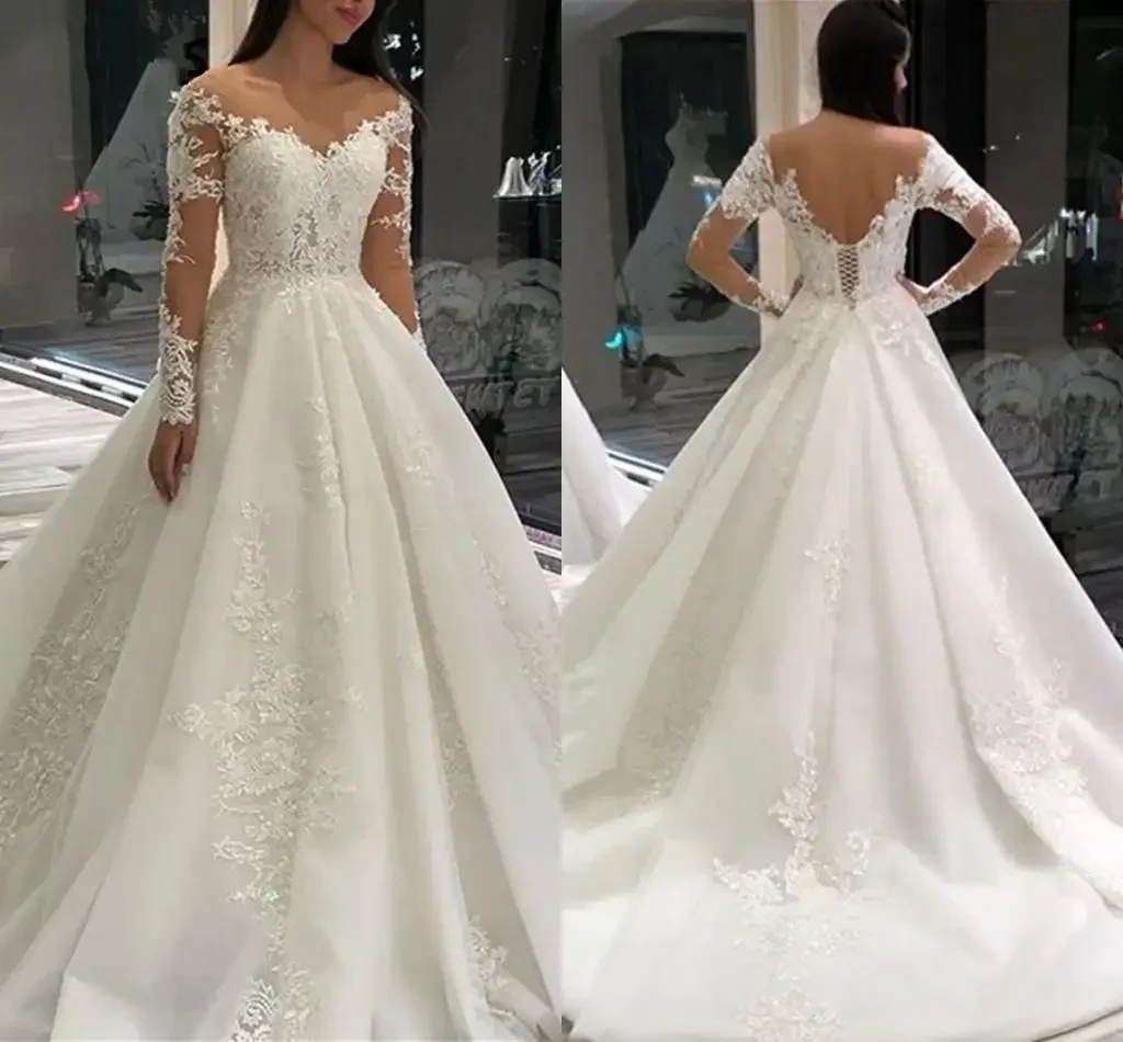 

Customized Scoop Neck Lace Appliques A-Line Wedding Dress Robe De Mariage 2024 Backless Corset Back Long Sleeves Bridal Gowns