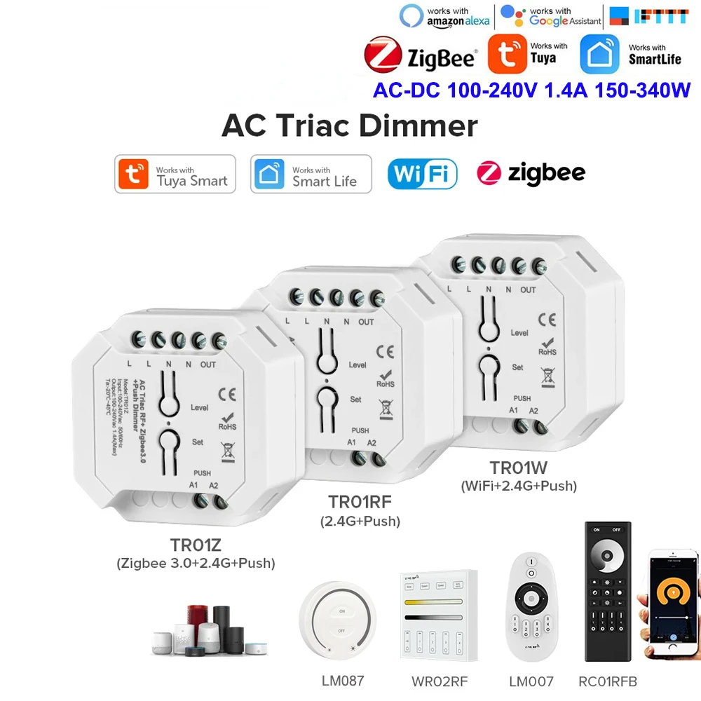 

10Tuya WiFi+2.4G+Push 110V-220V AC Triac LED Dimmer Wireless Rotating Switch Panel Remote Control Tuya App for Alexa Google Home