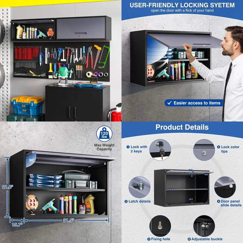 

Secure 2-Shelf Metal Storage Cabinet with Lift-Up Door for Garage, Kitchen, or Workshop - Black Gray, 21.6'' High