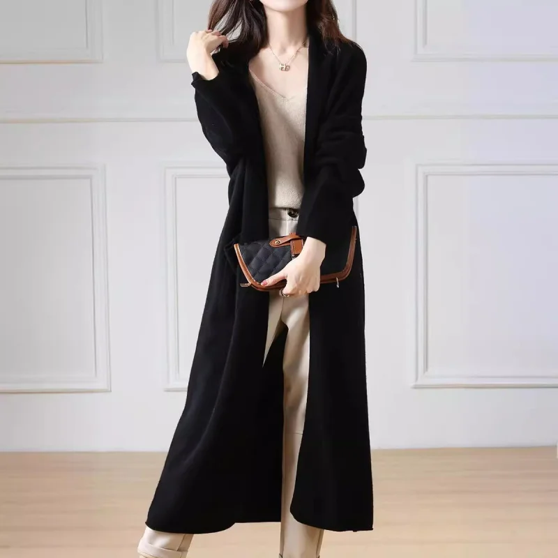 

New 100 Wool Knit Cardigan Women's Long Loose and Idle Outer Ultralong Overknee Sweater Coat