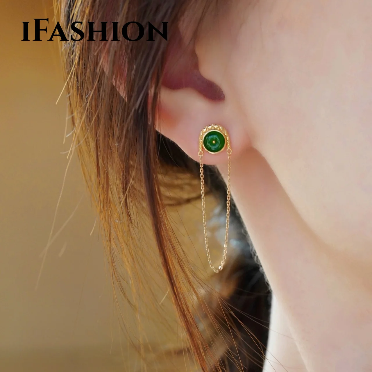 

IFASHION 18K Pure Gold Emerald Ping An Buckle Earring Real AU750 Solid Gold Upscale Trendy Classic Party Women Fine Jewelry