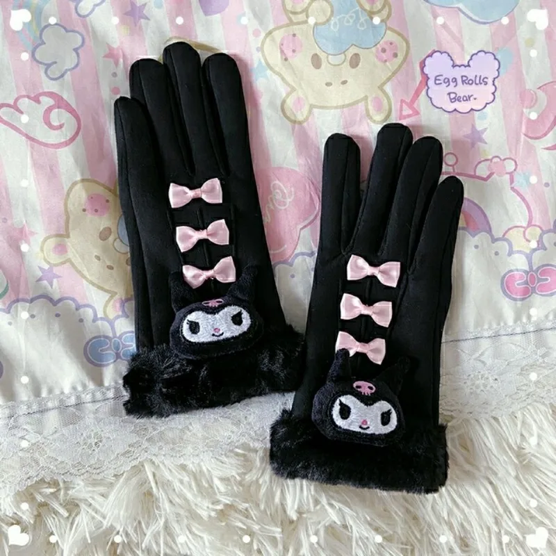 Sanrio autumn and winter new Kawaii Kuromi My melody suede five-finger touch screen cycling plus velvet warm gloves for women