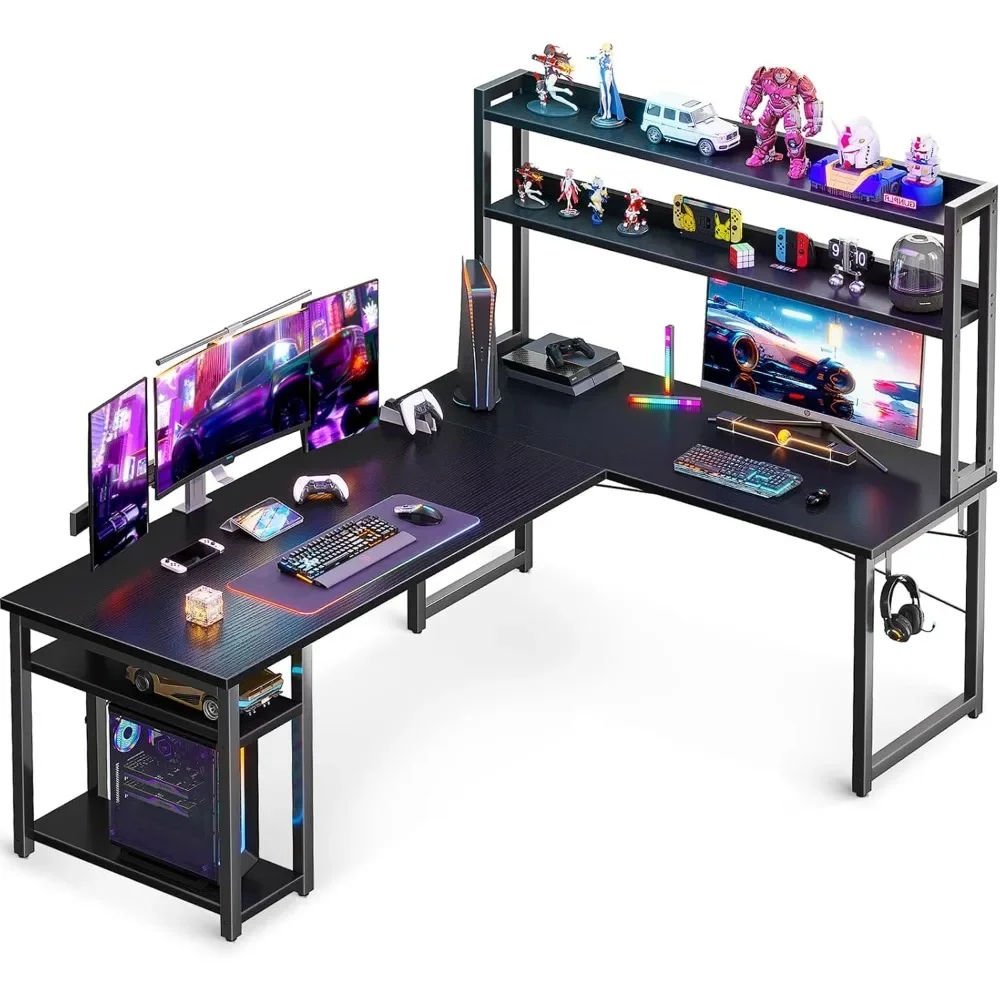 L Shaped Gaming Desk with Hutch, with Storage Shelves, 66