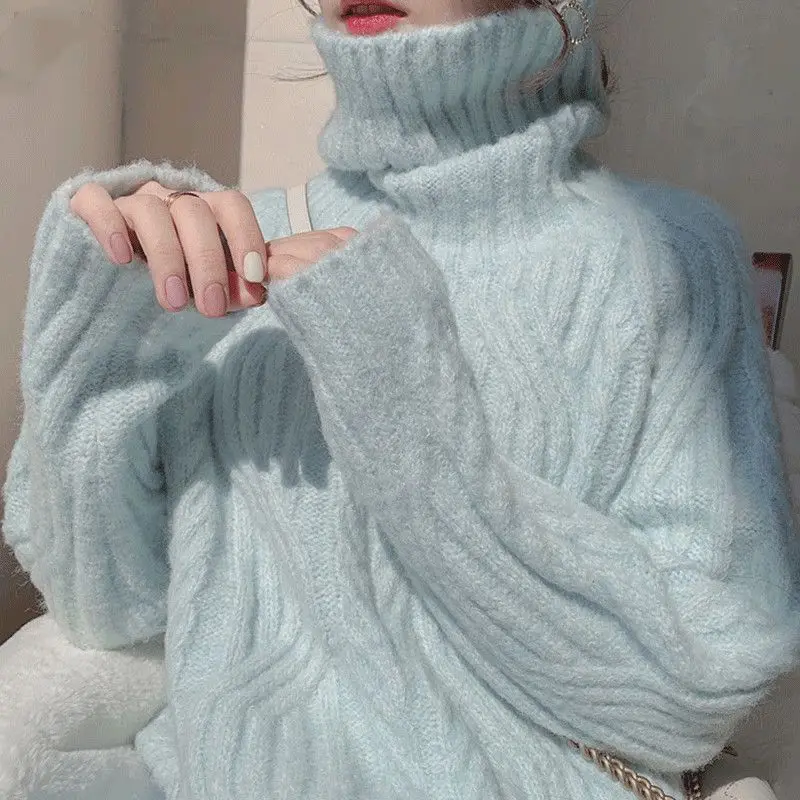 Turtleneck Long Sleeve Solid Knit Sweater Elegant Fashion Harajuku Slim Fit Tops Women Loose Casual Sweat All Match Pullovers