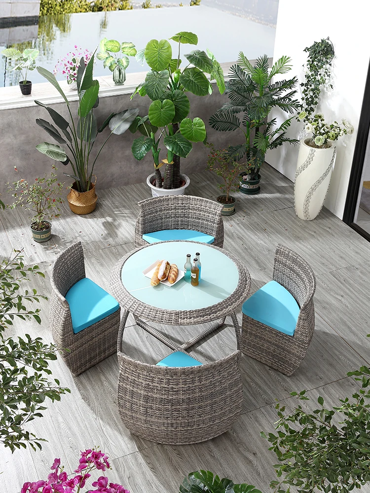 Outdoor patio tables and chairs, combined rattan chairs, open-air garden, casual circle, can store rattan furniture