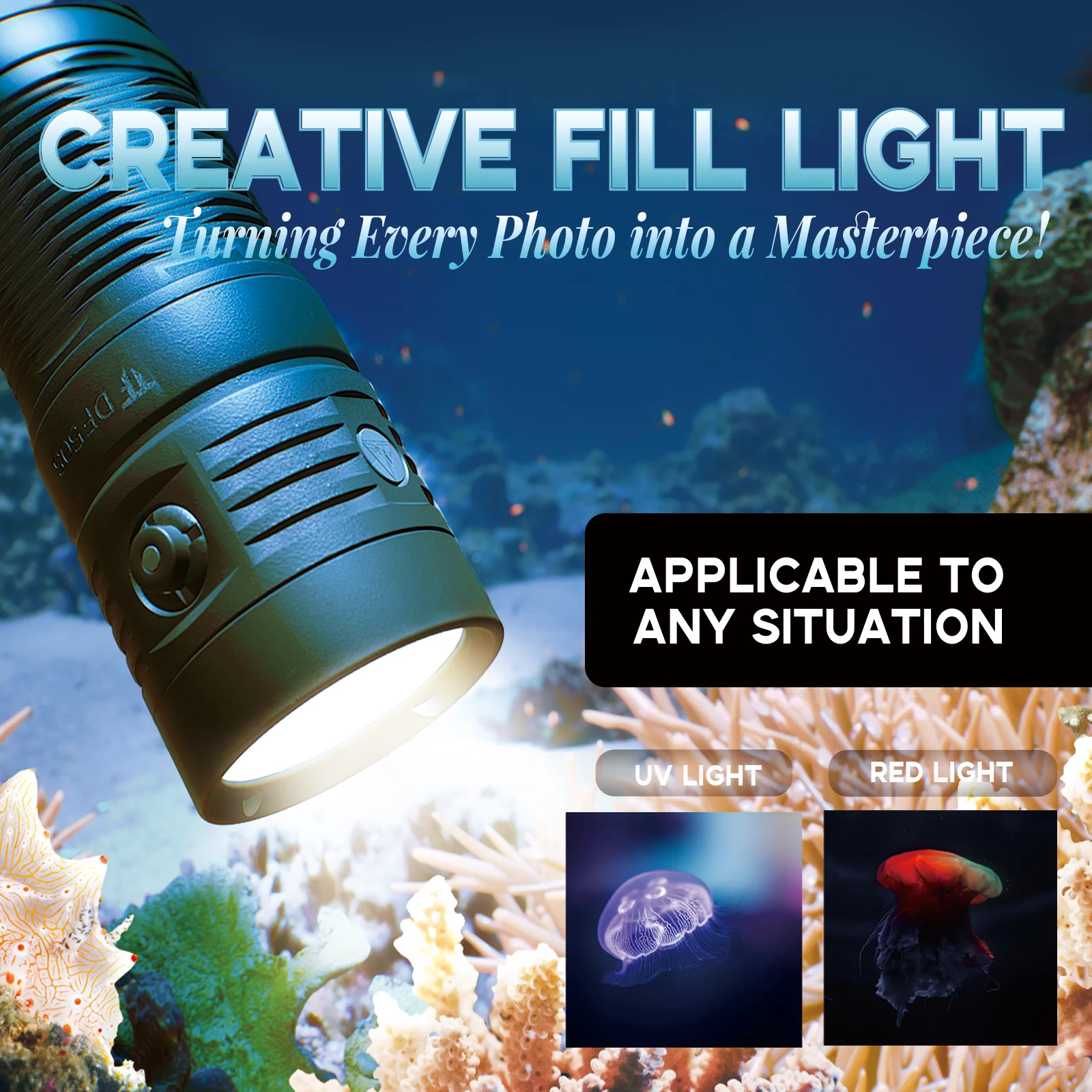 2026 DF50S Super Bright 6500LM 3-in-1 UV Red White Aluminum Alloy Diving Flashlight 70 Meters Underwater IP68 Camping