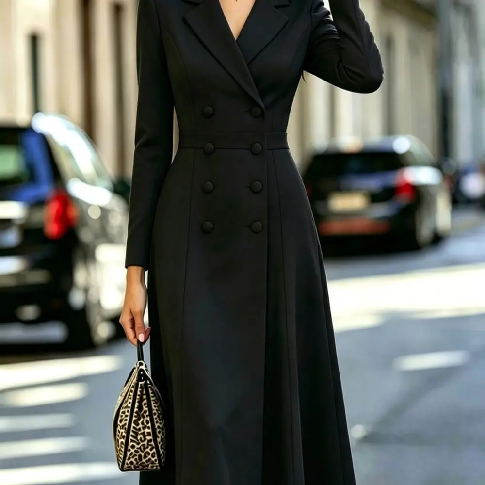 Fashionable Double Breasted Blazer Dress Women Long Sleeve Slim Fit High Waist Elegant Office Casual Party Long Gown