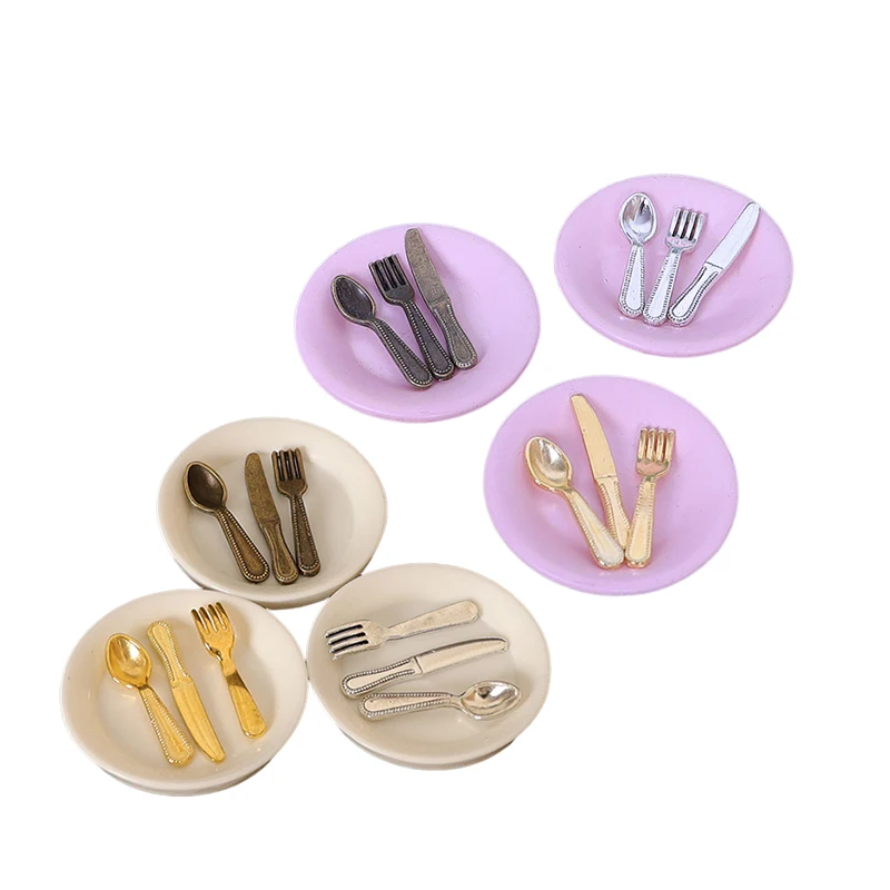 4Pcs/Set 1/12 Dollhouse Miniature Knife Fork Spoon Plate Dollhouse Kitchen Tableware Accessories Dolls House Decoration Toy