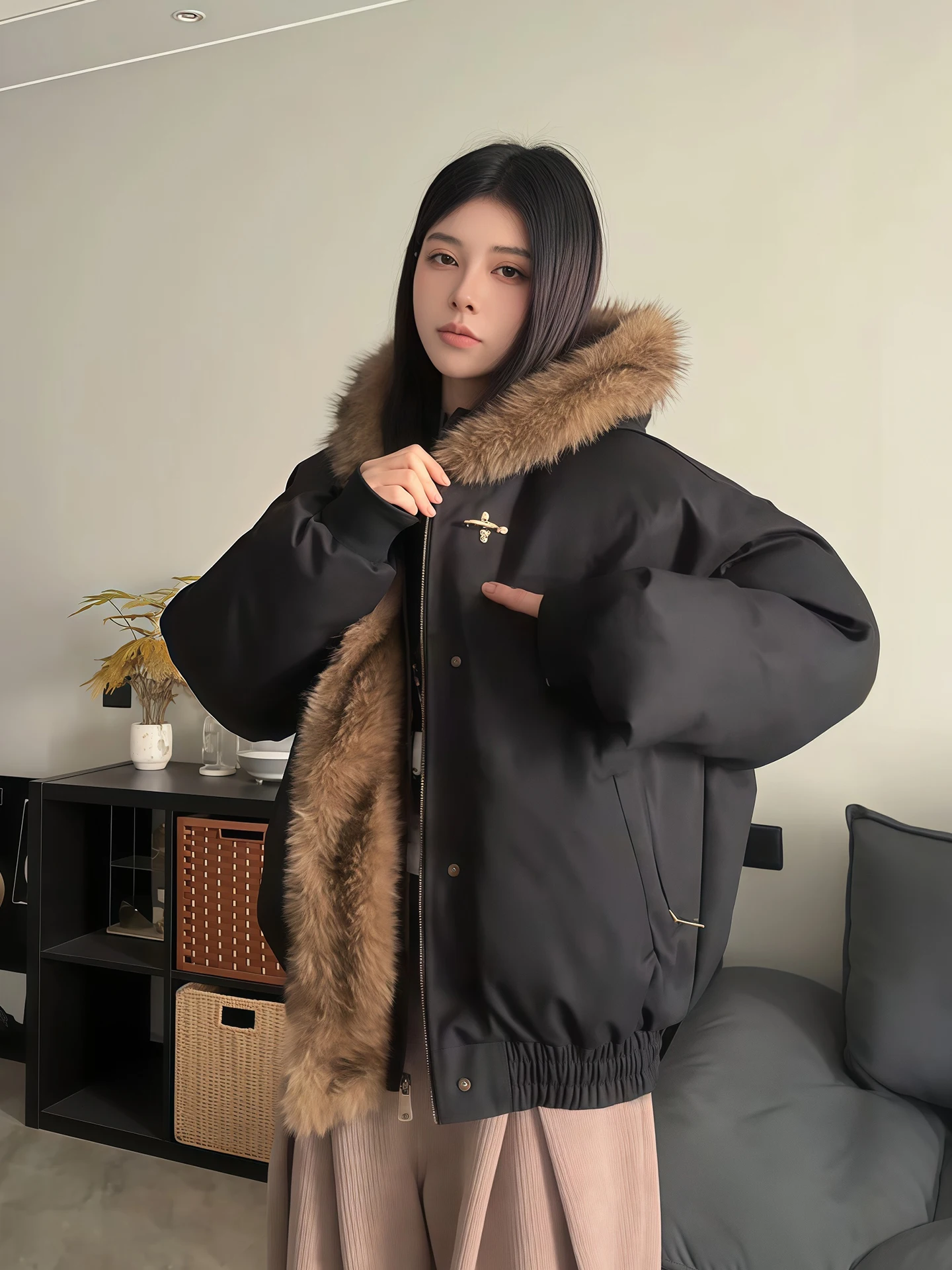 

Retro American Sle Men's Cotton Jaet with Fur Collar Thiened Aircrt Bule ort Parka Winter Warm Long Sve Coat