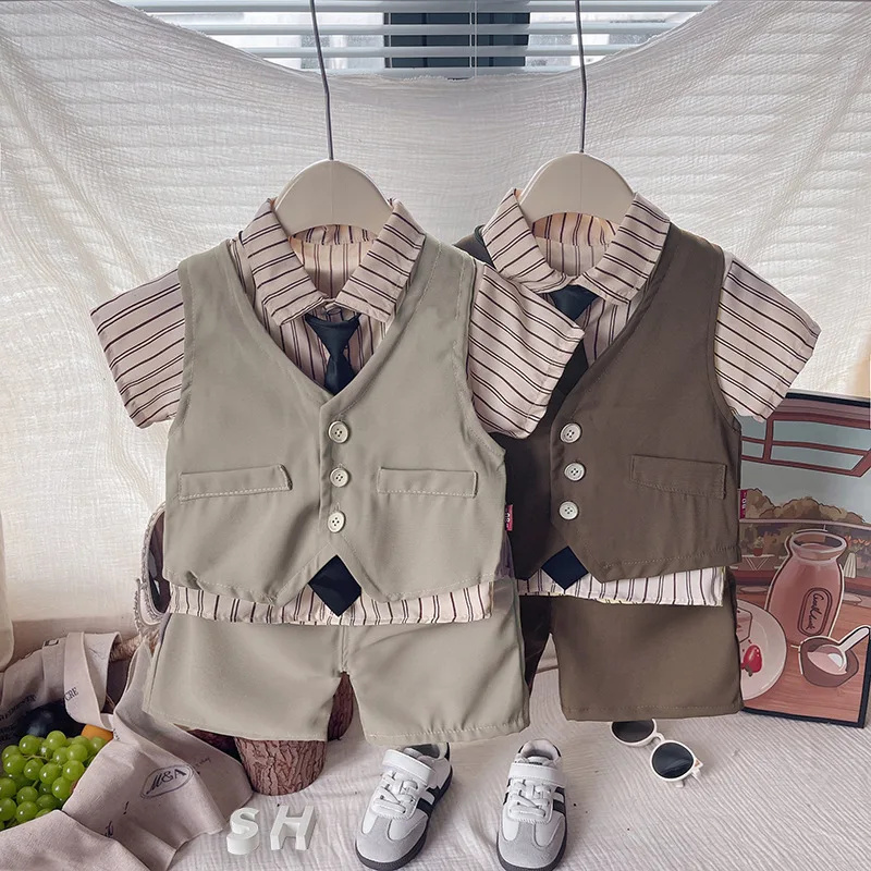 2026 Summer Baby Boys Clothes Set Striped Tie Tee Vest Abd Shorts 3Pcs Boys Track Suit Preppy Style Kids Outfit