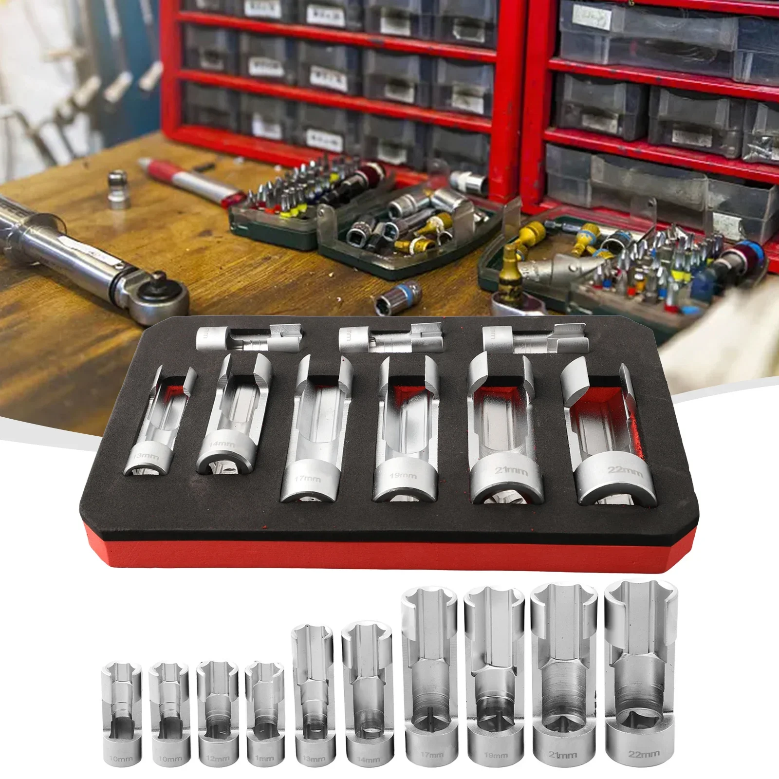 

22322222222222 9pcs 10-22mm Diesel Injector Fuel Line Socket Wrench Set Union Nut Socket For Pipe Connector Car Repairing Tool